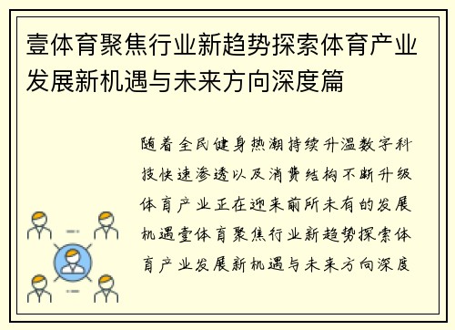 壹体育聚焦行业新趋势探索体育产业发展新机遇与未来方向深度篇